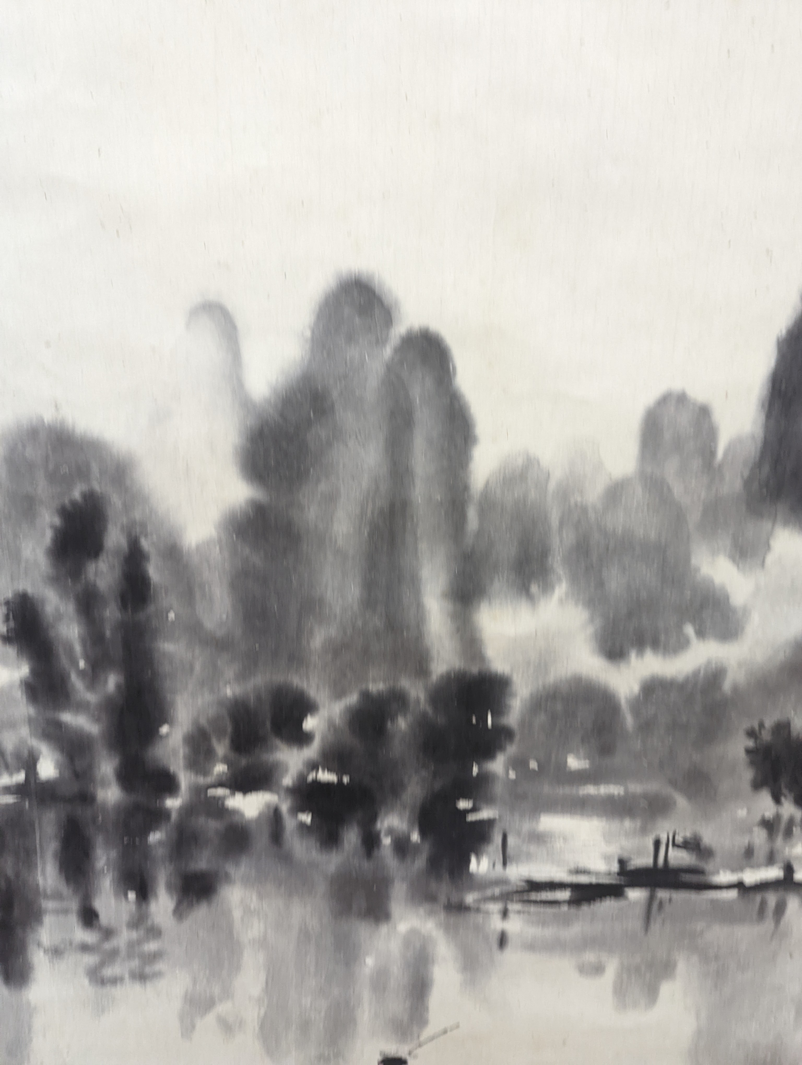 Two mid 20th century Japanese watercolour on paper scroll paintings, Boatman in a landscape, 79.5 x 113cm, and Cormorants on a bank, 103 x 106cm